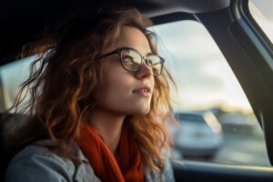 Kobieta testująca okulary do jazdy samochodem, aby zwiększyć widoczność
