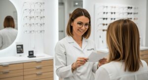 Jak czytać receptę na okulary – optyk wyjaśnia zapis na recepcie klientce.