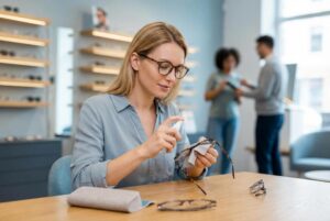 Okulary trzymane w dłoniach, pokazujące jak unikać błędów w pielęgnacji i przechowywaniu oprawek