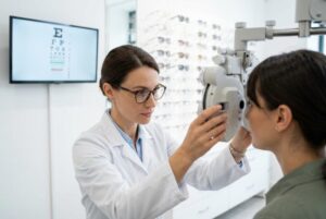 Optyk dobiera okulary korekcyjne klientce przy ladzie w salonie optycznym