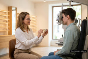 Optometrystka dobiera okulary do komputera podczas badania wzroku w salonie optycznym