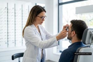 Optometrysta bada wzrok klientki przy użyciu specjalistycznego sprzętu w salonie optycznym