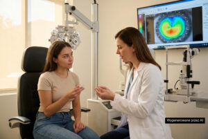 Optometrysta dobiera soczewki do ortokorekcji podczas badania wzroku w salonie optycznym