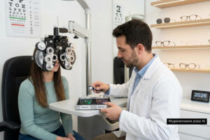 Optometrysta dobiera szkła okularowe podczas badania wzroku w salonie optycznym
